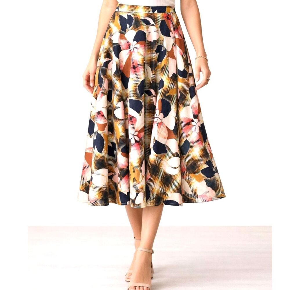 Top Shop Plaid/Floral Full Circle Cotton Midi Skirt - Size 6